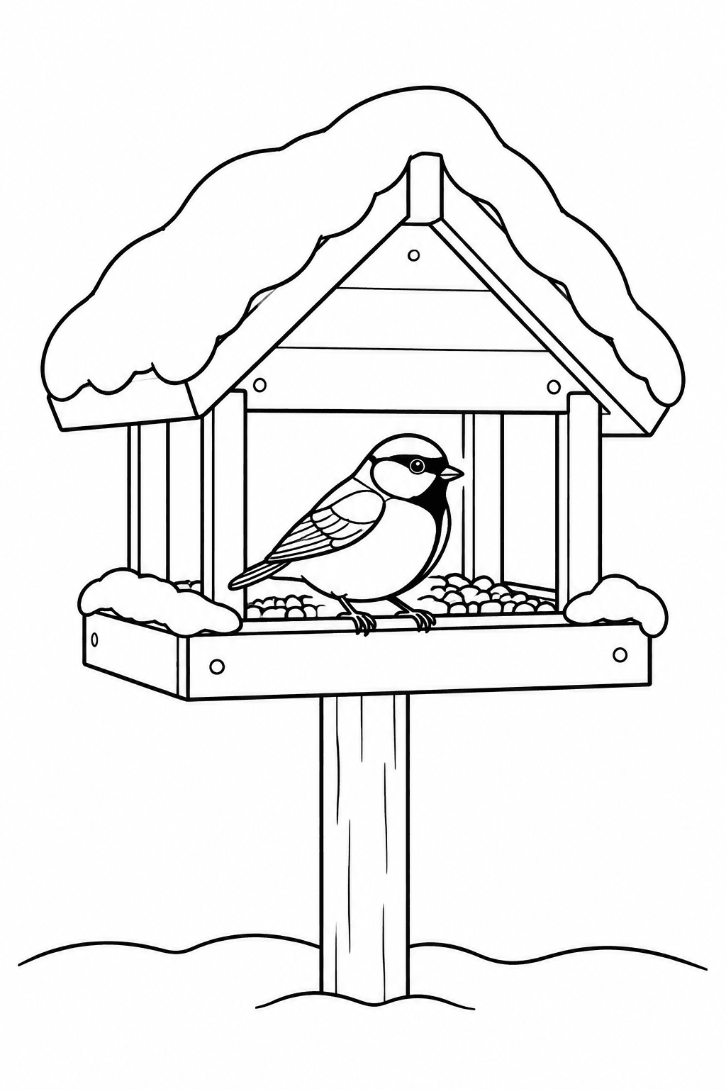 Einfaches Vogelhaus mit Schneedach als Ausmalbild