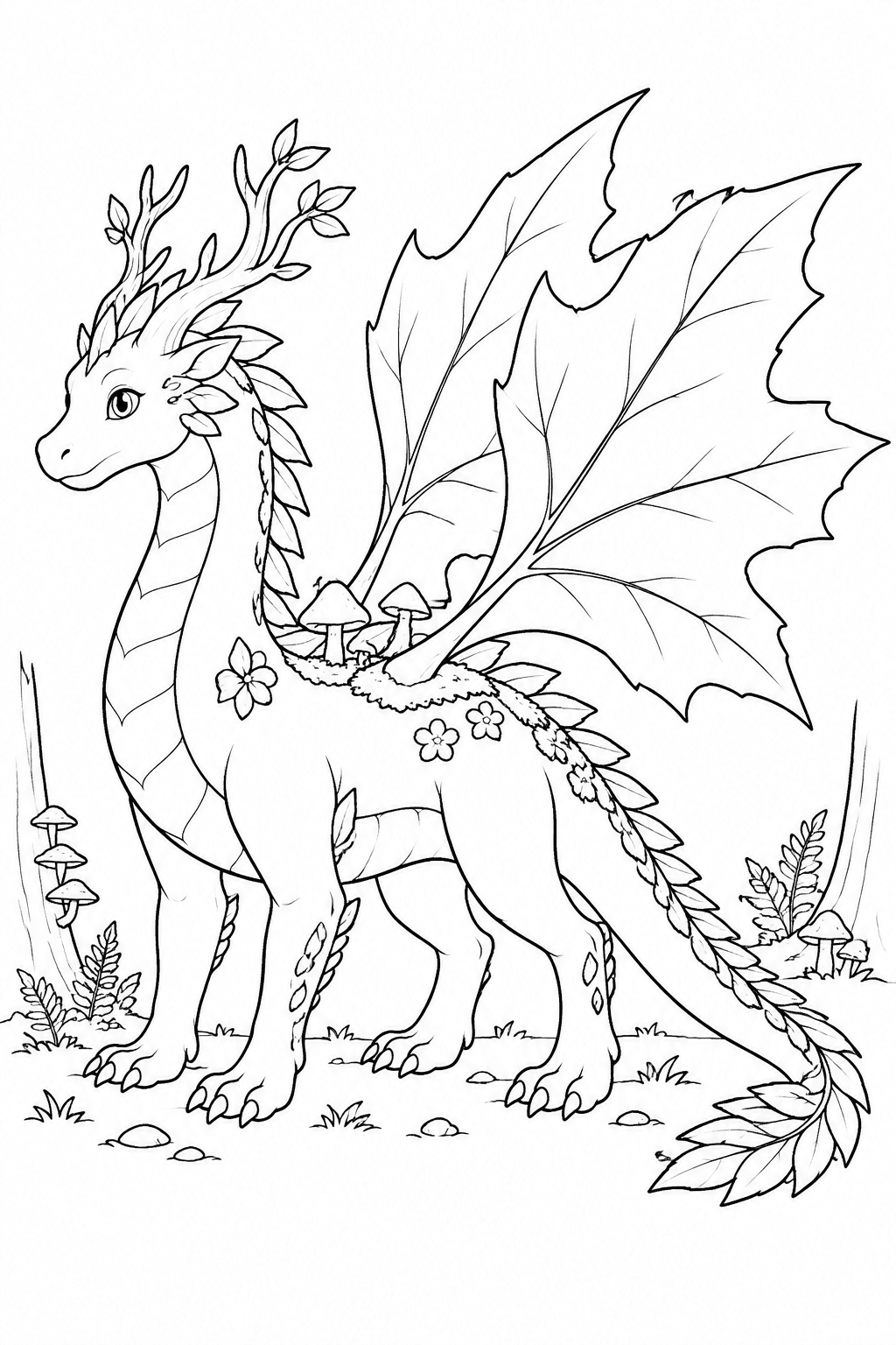 Walddrache mit Blätterflügeln als Ausmalbild