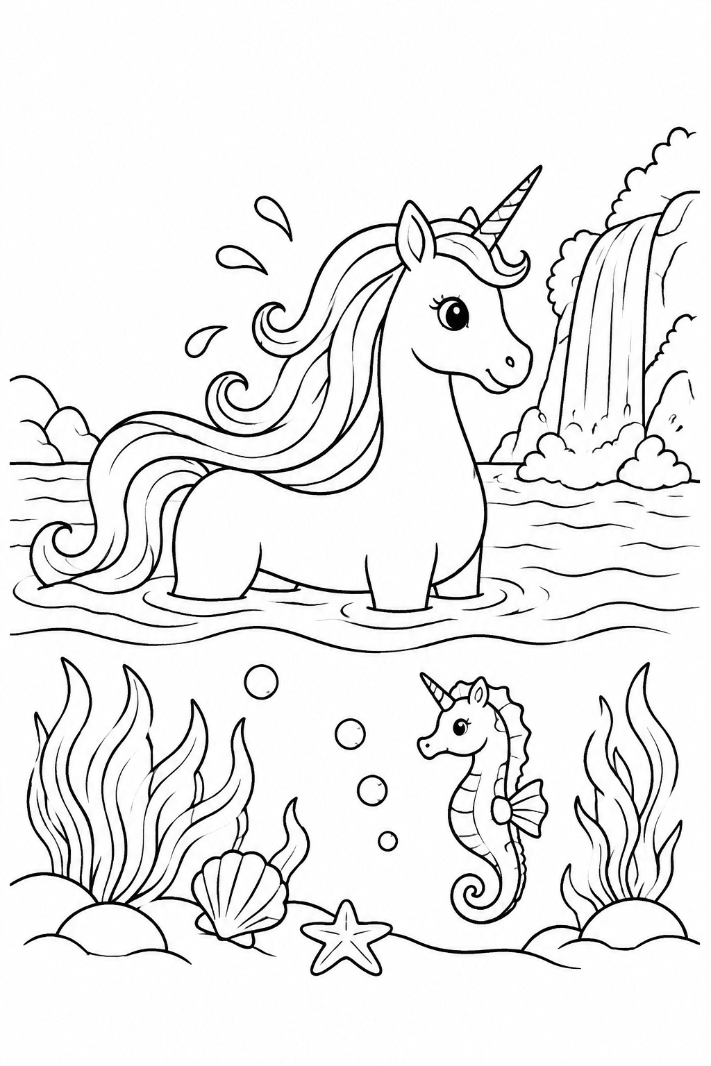 Wasser-Einhorn steigt aus den Wellen als Ausmalbild