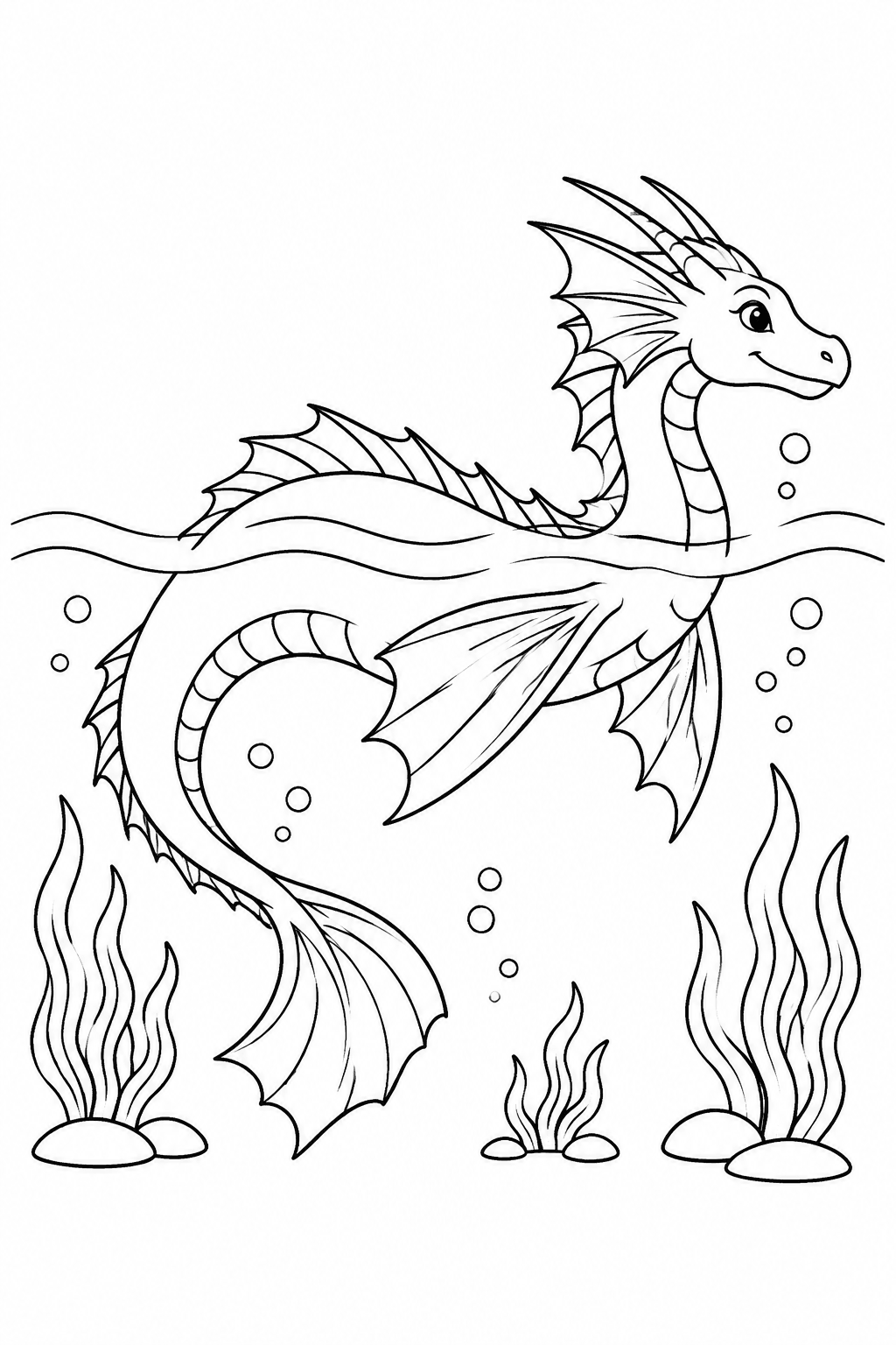 Wasserdrache schwimmt durch die Wellen als Ausmalbild