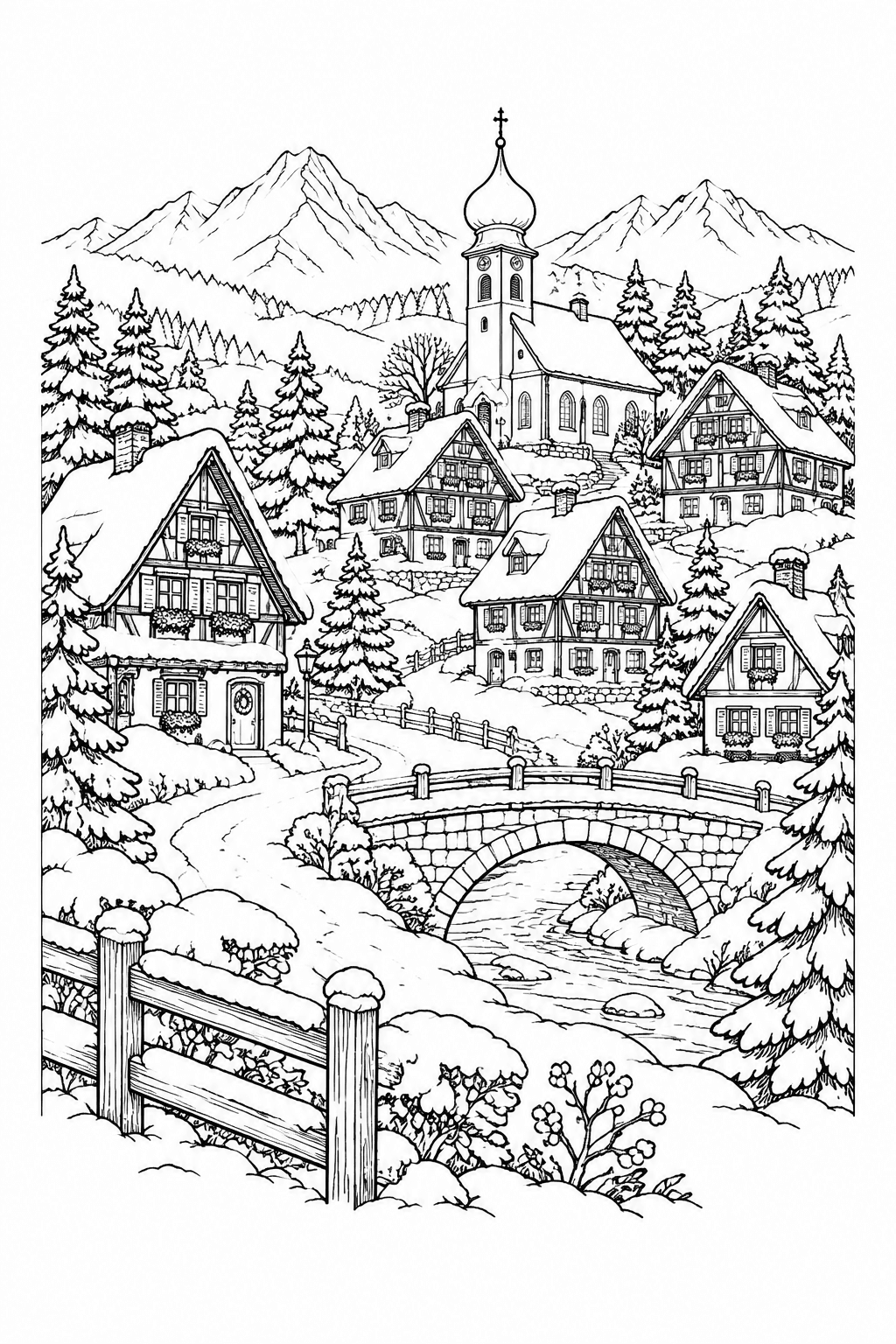 Winterdorf mit Kirche und Tannenwald als Ausmalbild
