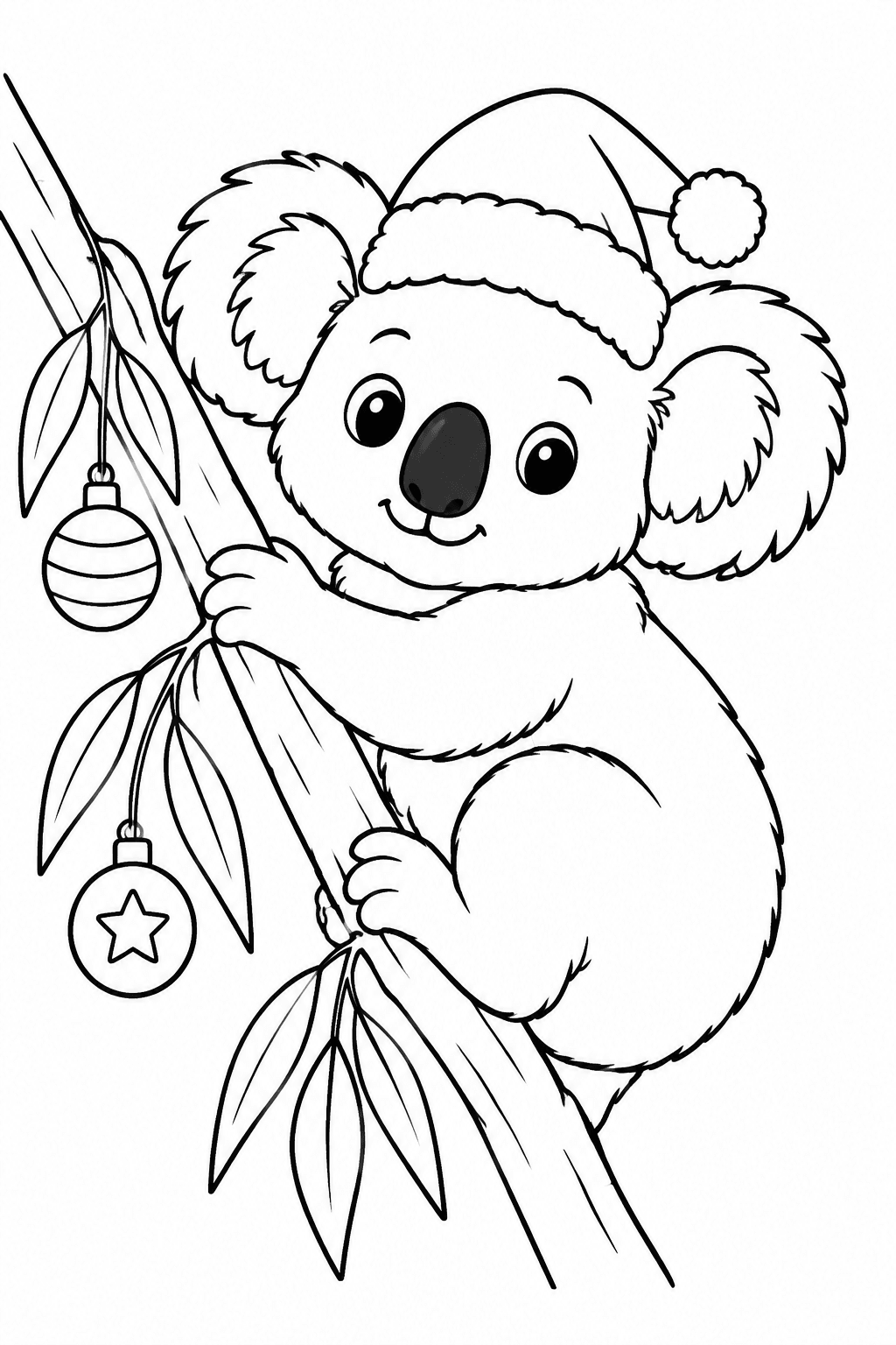 Koala mit Weihnachtsmütze am Ast als Ausmalbild