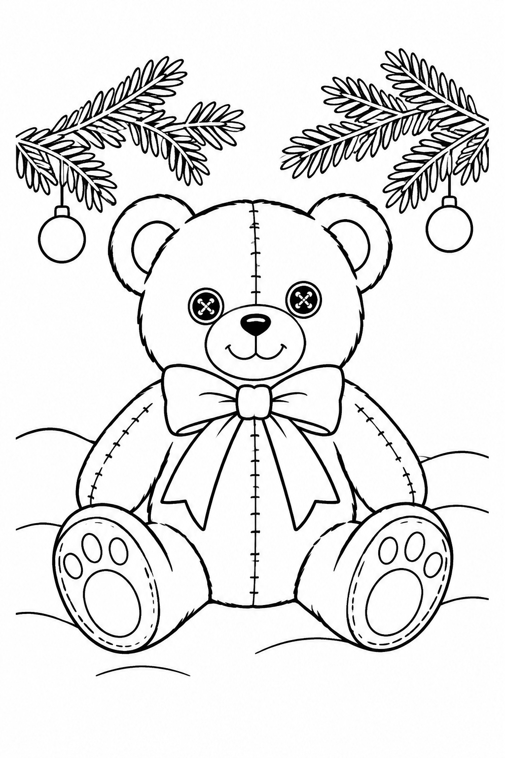 Teddy mit großer Schleife unter dem Baum als Ausmalbild