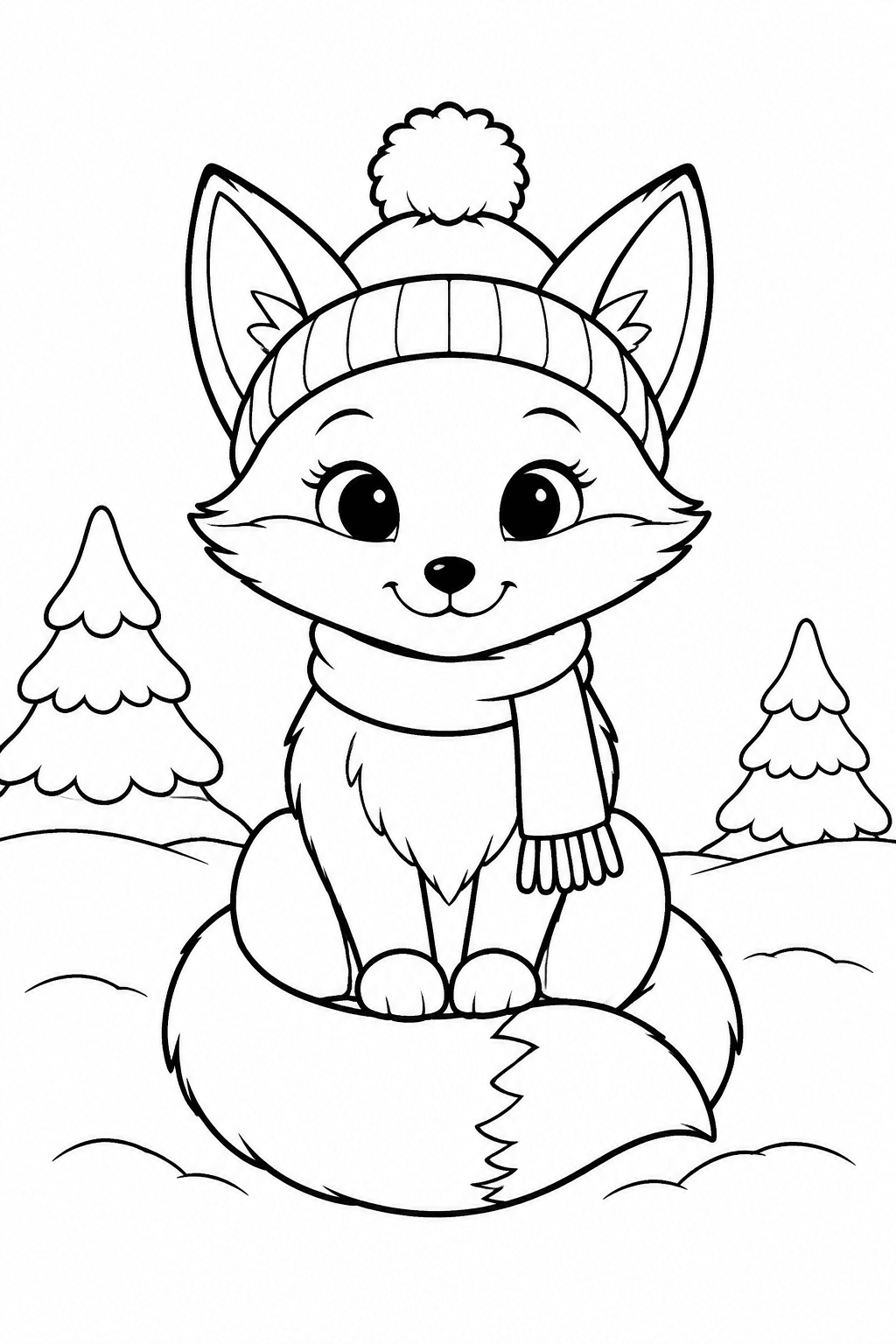 Sitzender Fuchs mit Schal und Mütze als Ausmalbild