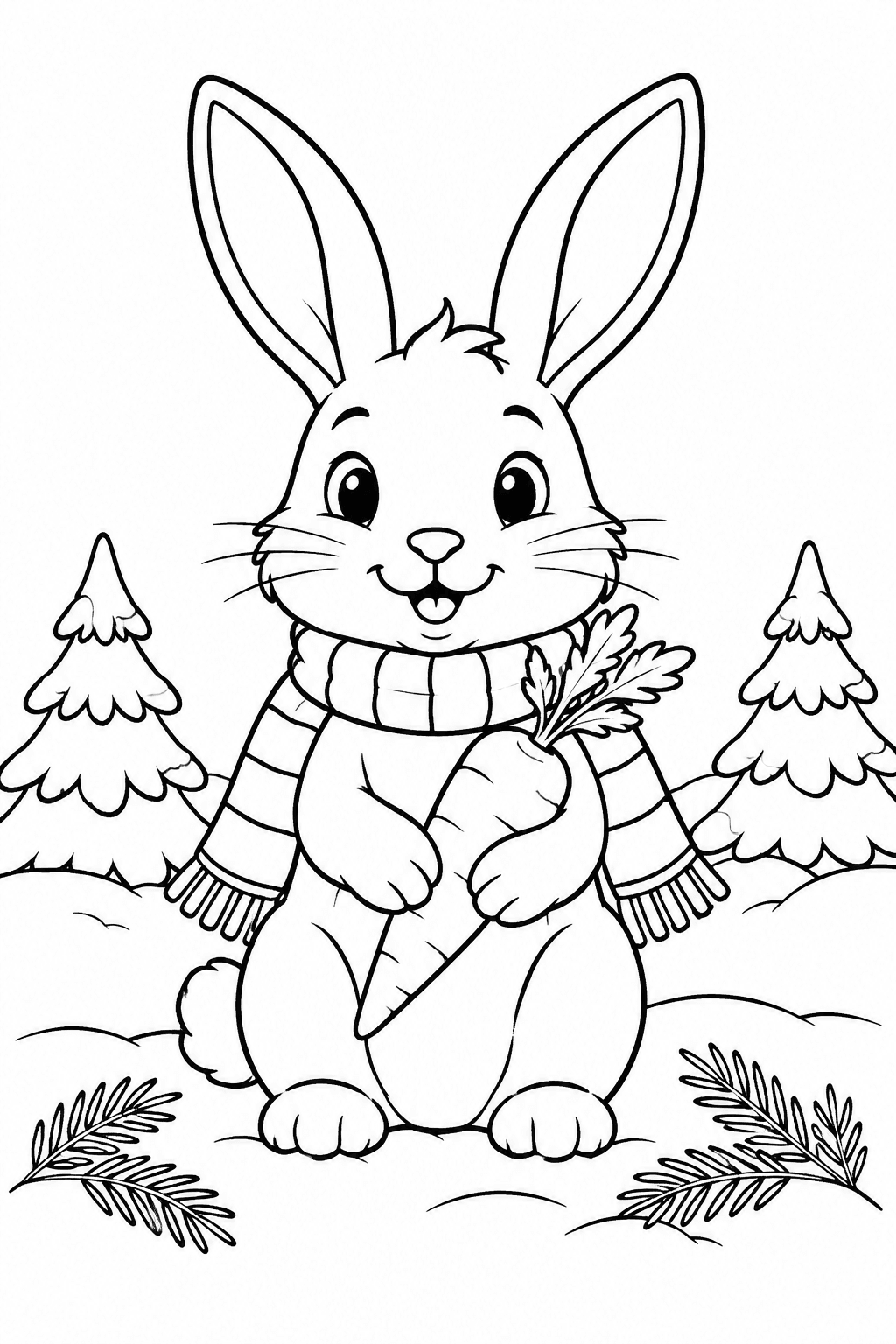 Hase mit langem Schal im Schnee als Ausmalbild