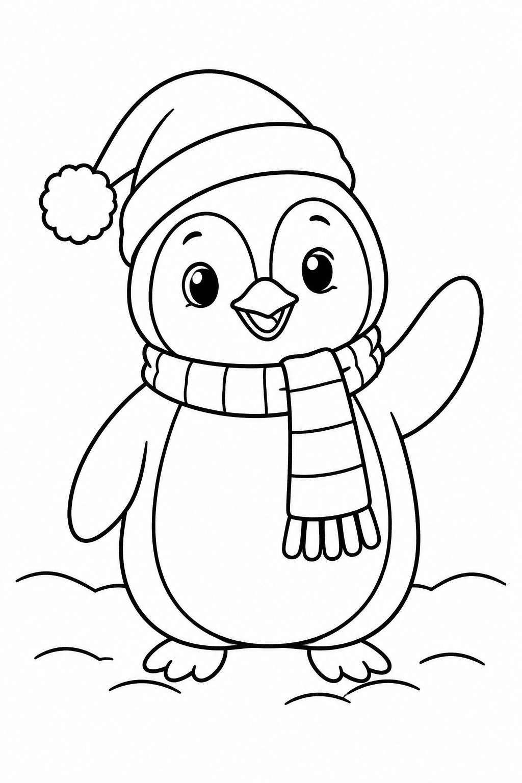 Pinguin mit Zipfelmütze und Schal als Ausmalbild