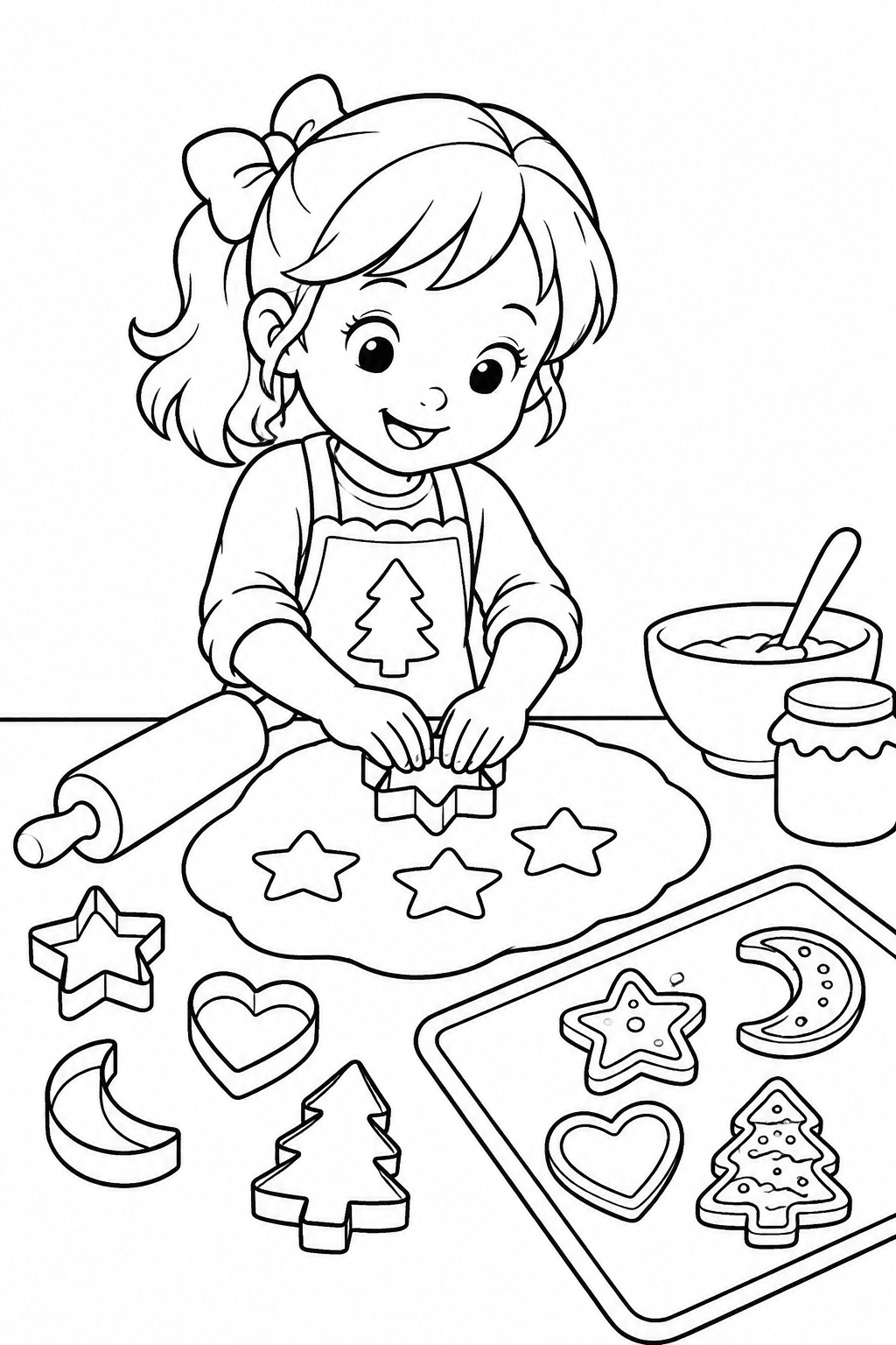 Kind sticht Plätzchen aus dem Teig als Ausmalbild