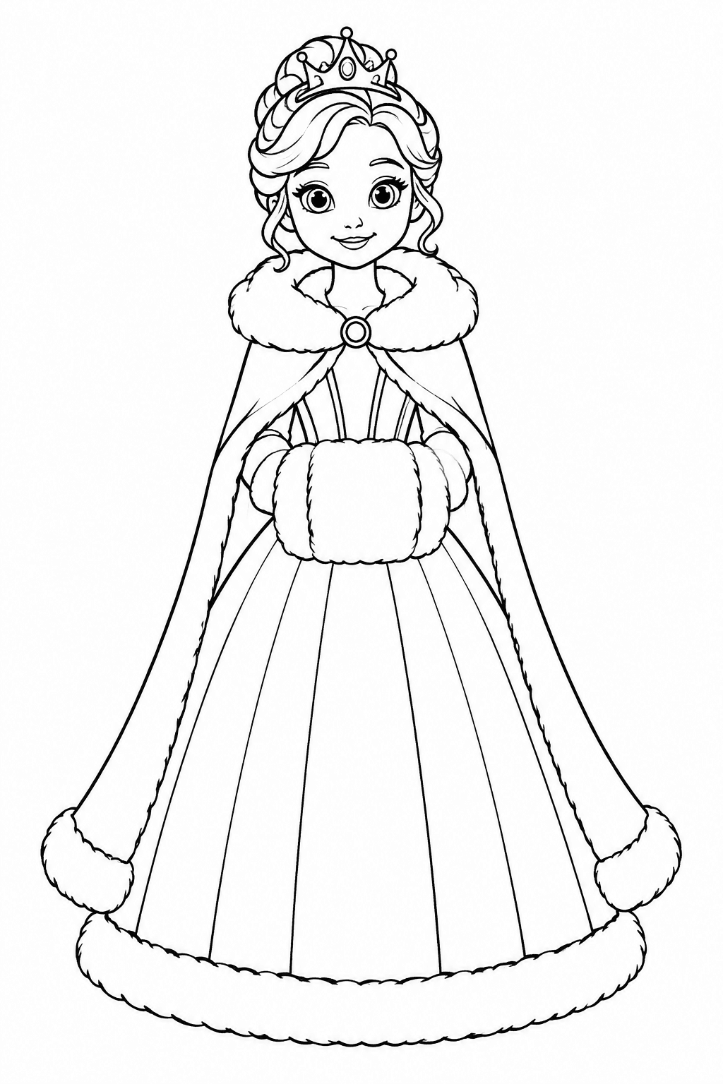 Prinzessin im Winterkleid mit Pelzkragen als Ausmalbild