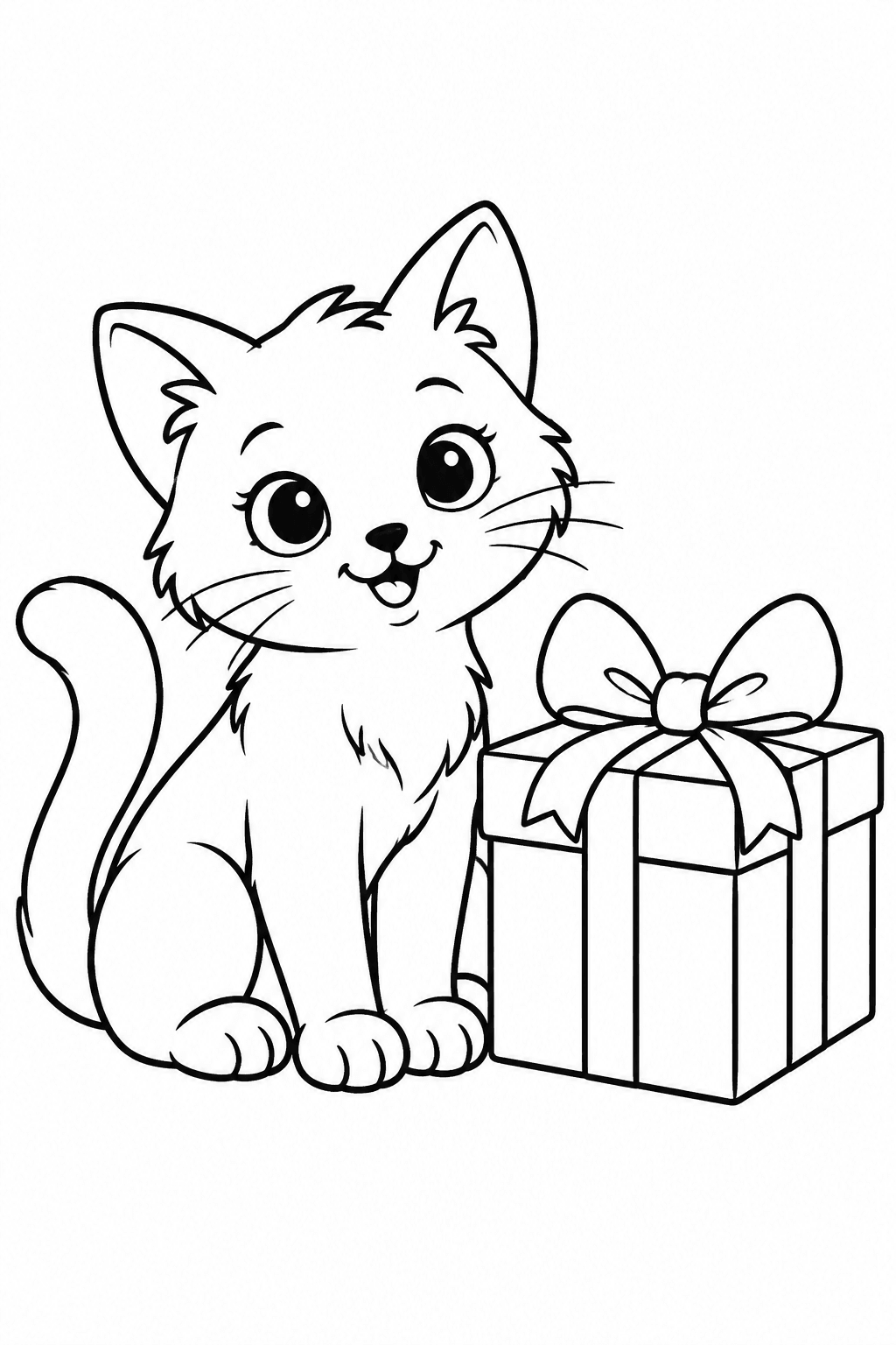 Katze neben einem großen Schleifengeschenk als Ausmalbild