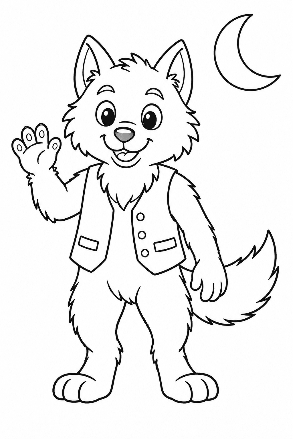 Werwolf winkt unter einer Mondsichel als Ausmalbild