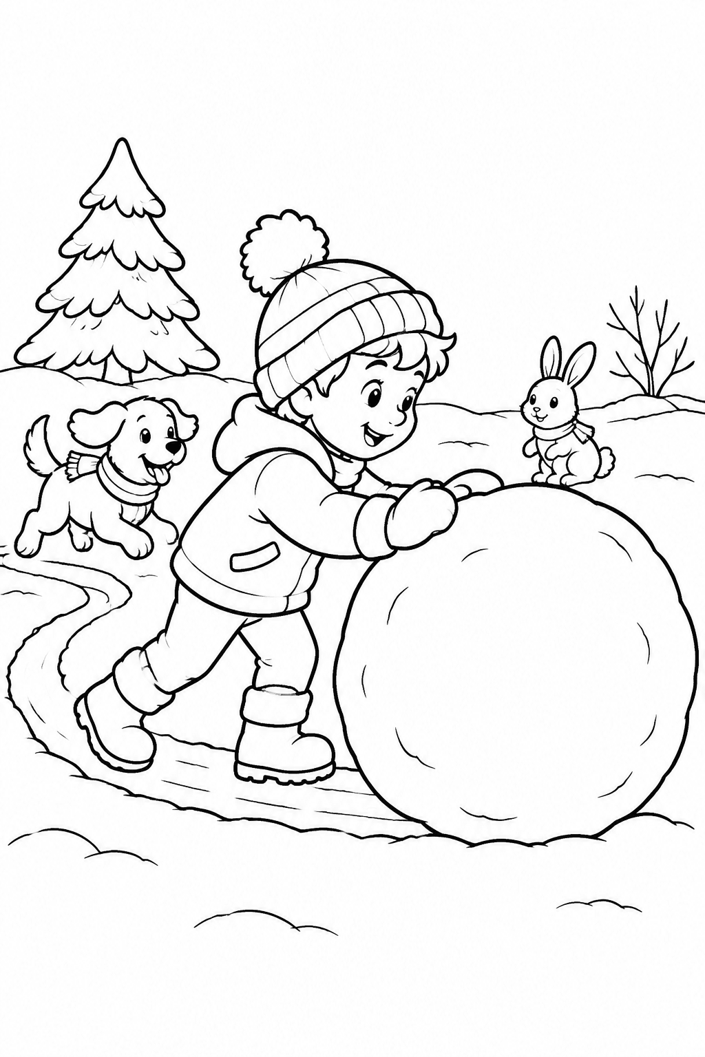 Kind rollt einen riesigen Schneeball als Ausmalbild