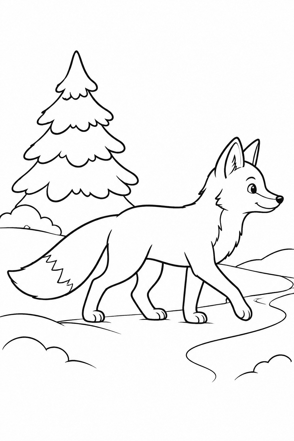 Fuchs läuft über einen verschneiten Waldweg als Ausmalbild