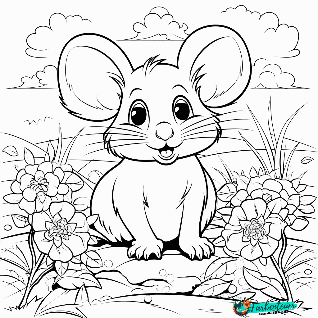 Illustration einer lächelnden Maus mit Blumen.