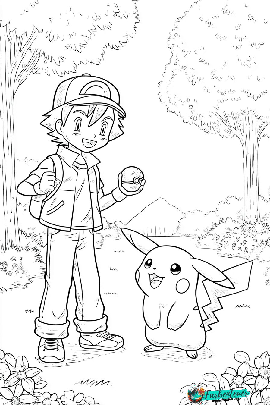 Pikachu mit Trainer Ausmalbild 1