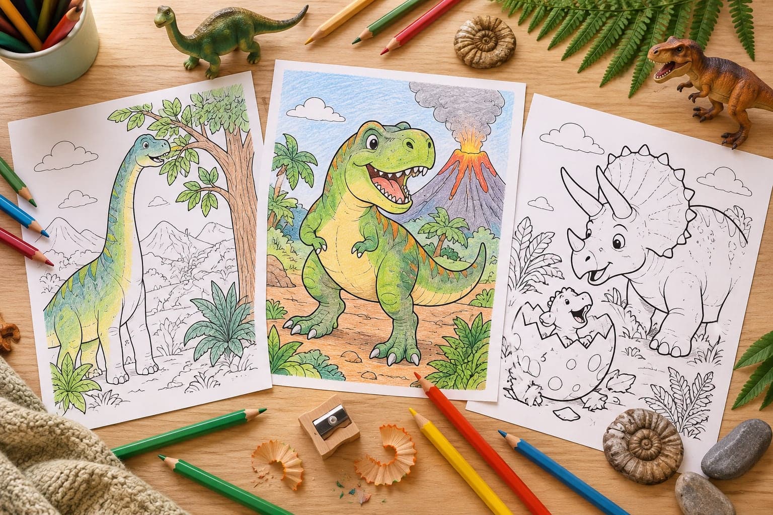 Dinosaurier-Ausmalbilder auf einem Tisch, eines davon bunt ausgemalt