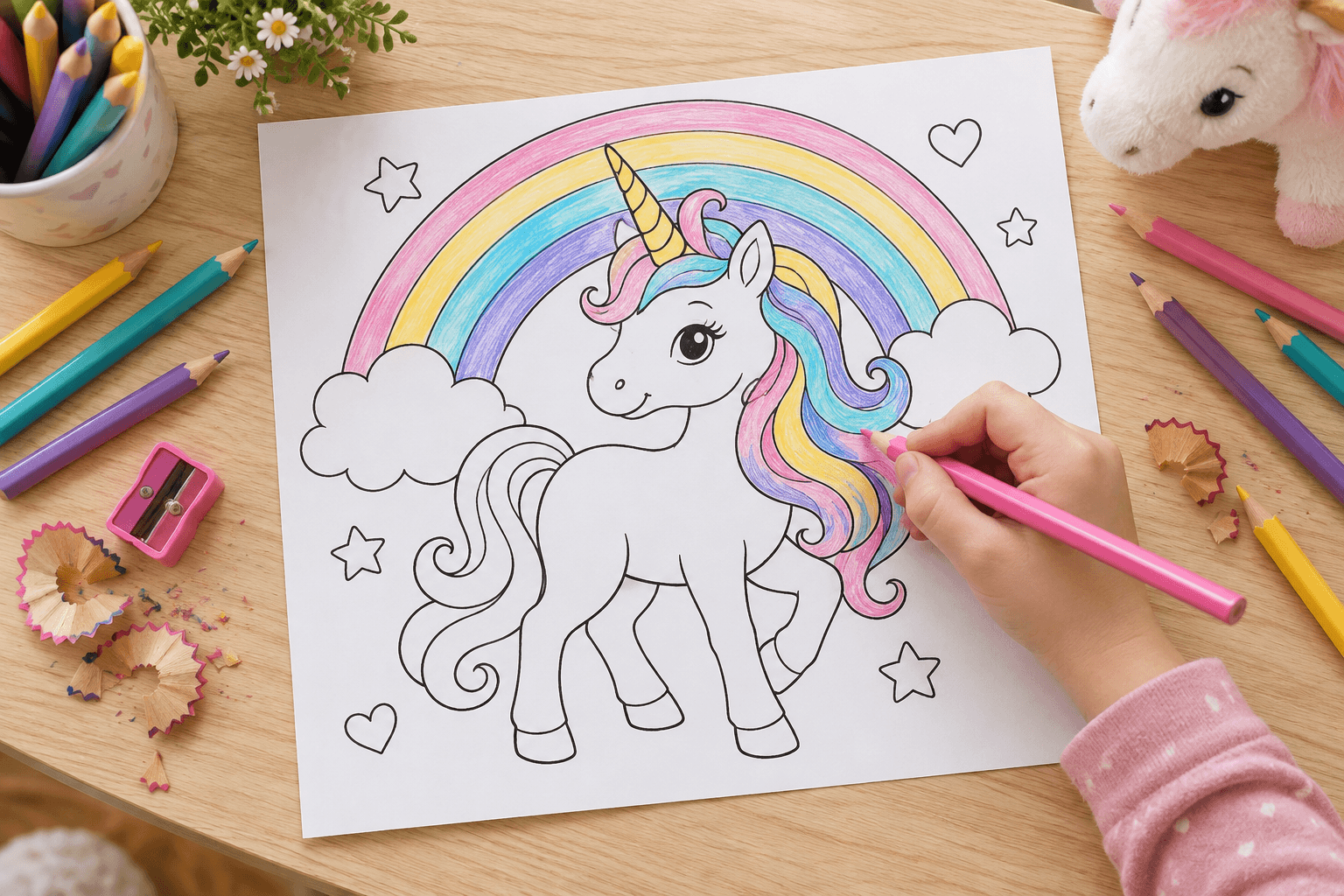 Kinderhand malt ein Einhorn-Ausmalbild mit Regenbogen aus