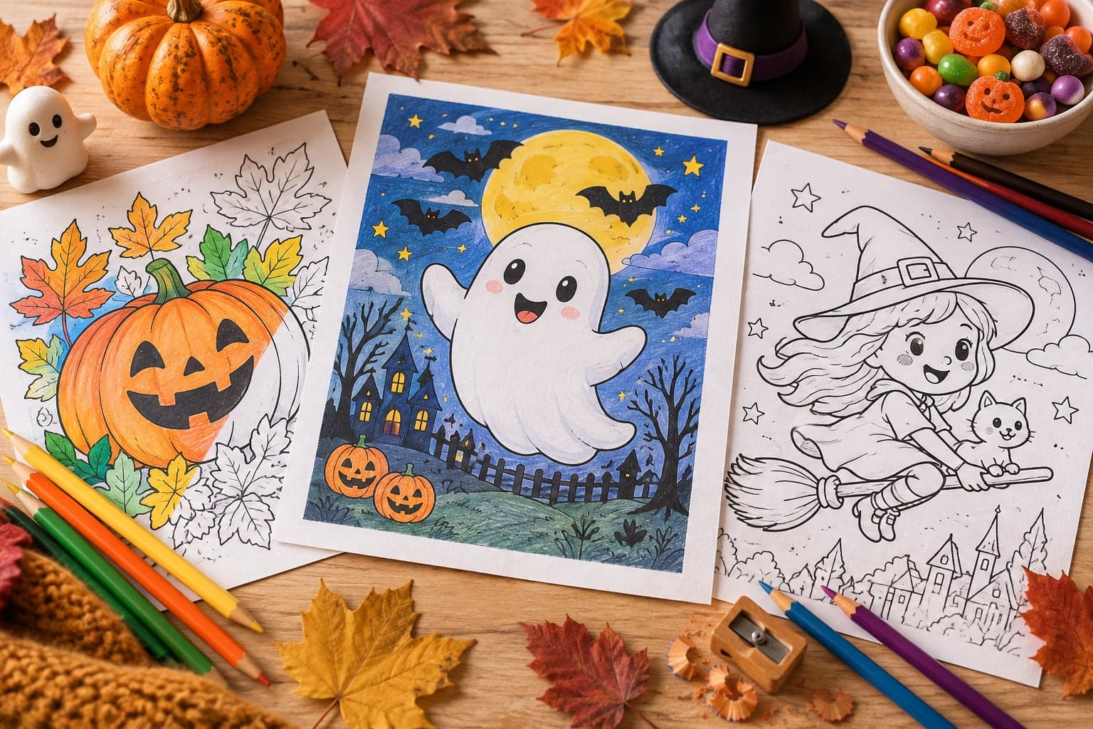 Halloween-Ausmalbilder mit Kürbis, Gespenst und kleiner Hexe auf einem Tisch, eines davon bunt ausgemalt