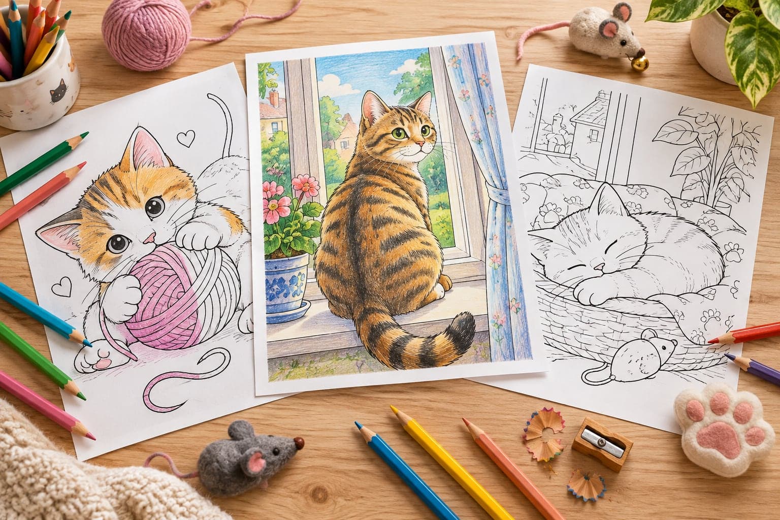 Katzen-Ausmalbilder auf einem Tisch, eines davon bunt ausgemalt
