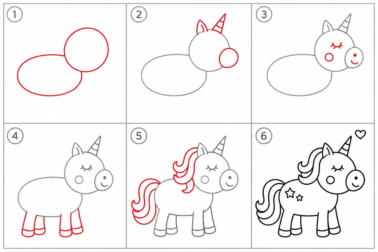 Schritt-für-Schritt-Anleitung: ein Einhorn in sechs Schritten zeichnen, neue Linien rot markiert