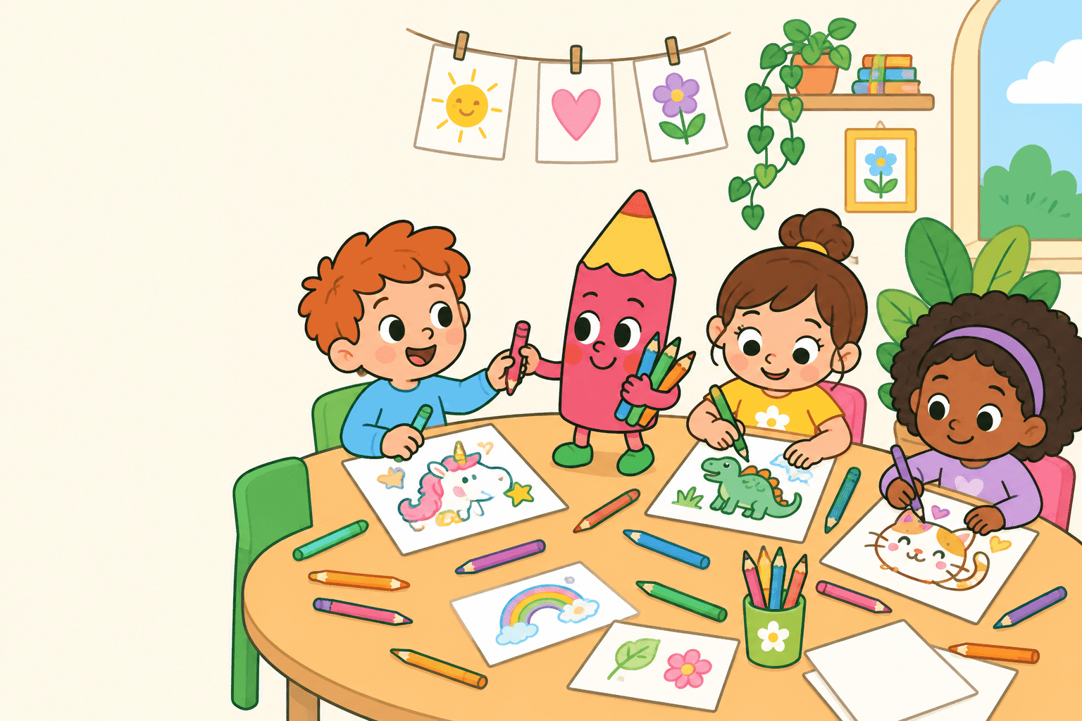 Kinder malen Ausmalbilder bunt aus