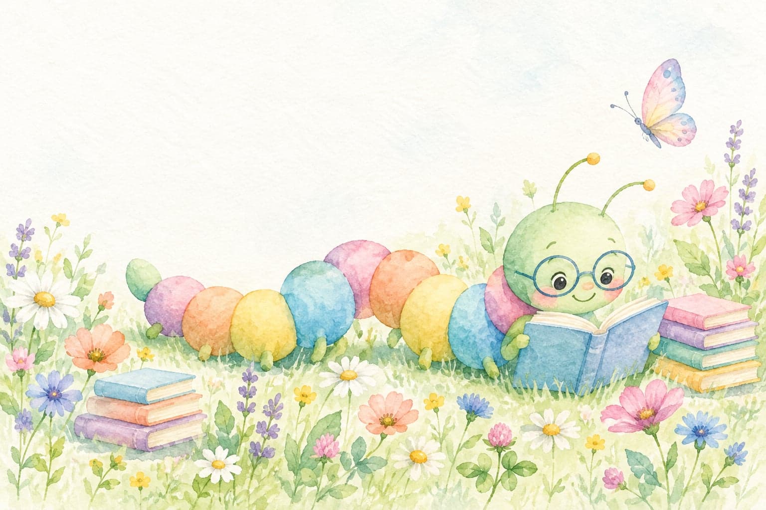 Bunte Leseraupe mit Brille liest ein Buch auf einer Blumenwiese
