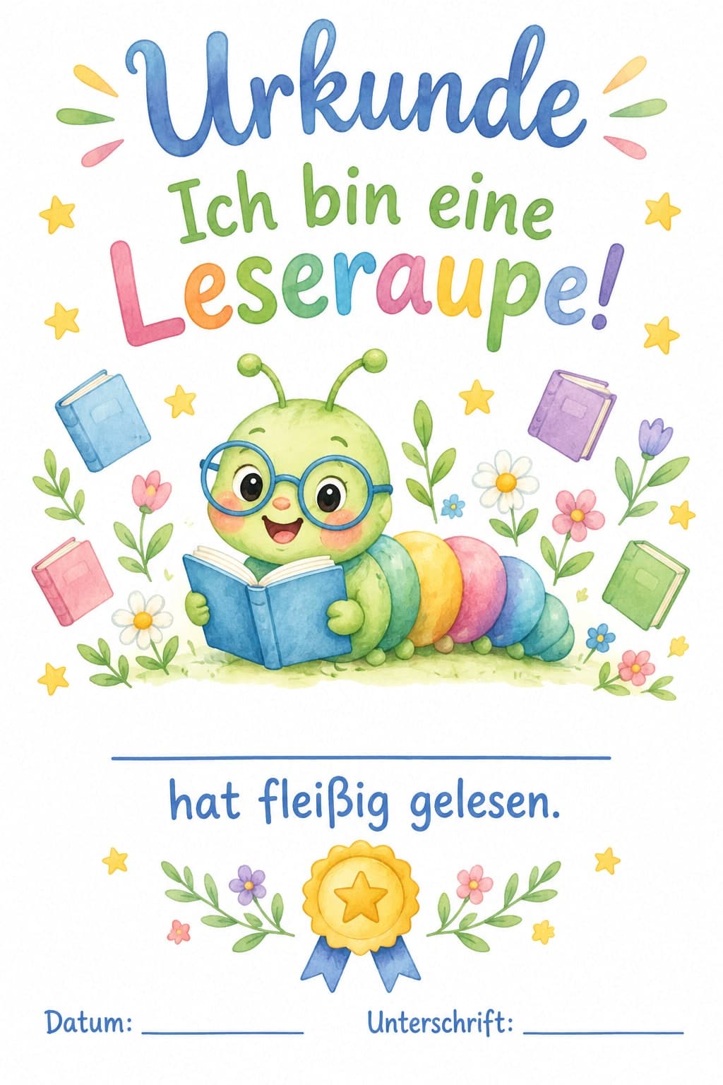 Urkunde „Ich bin eine Leseraupe!“