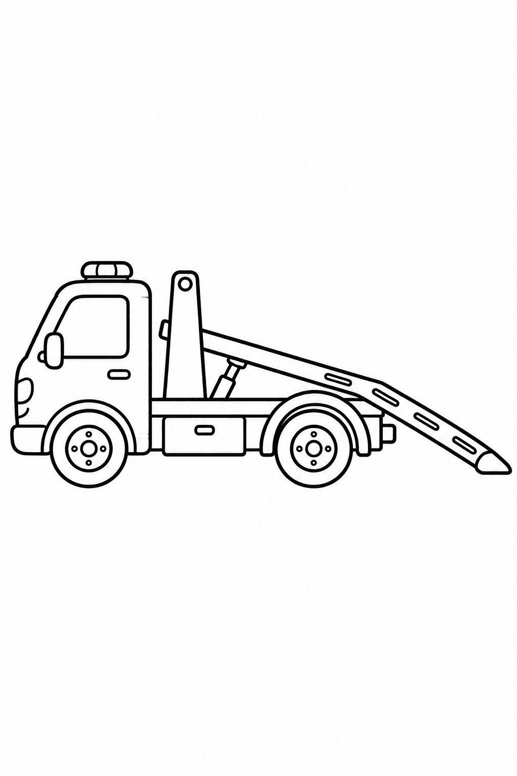 Abschleppwagen in Seitenansicht mit ausgefahrener Rampe – Abschleppwagen Ausmalbilder Ausmalbild