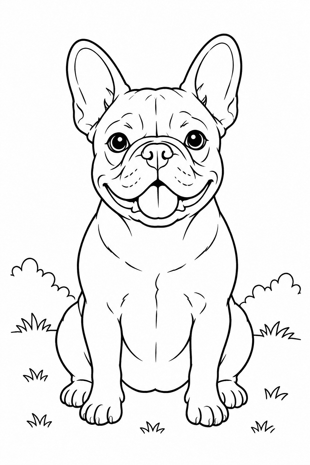 Eine Französische Bulldogge sitzt von vorn mit großen aufrechten Ohren – Französische Bulldogge Ausmalbild