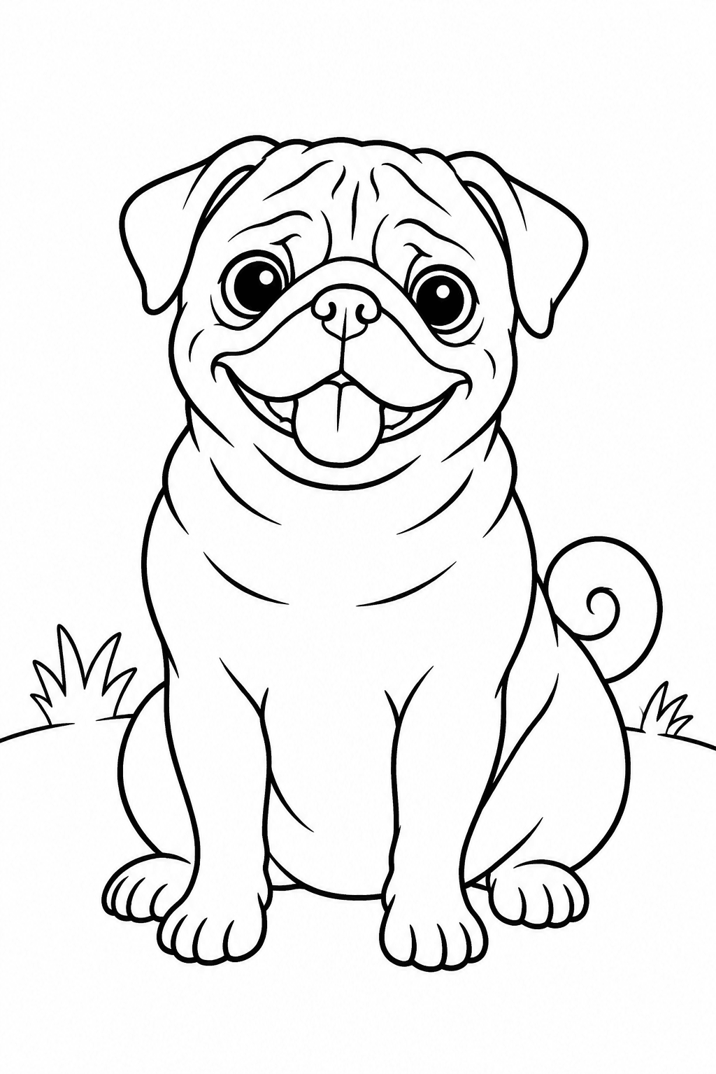 Ein Mops sitzt von vorn mit rundem Kopf, kurzen Gesichtsfalten und geringelter Rute – Mops Ausmalbild