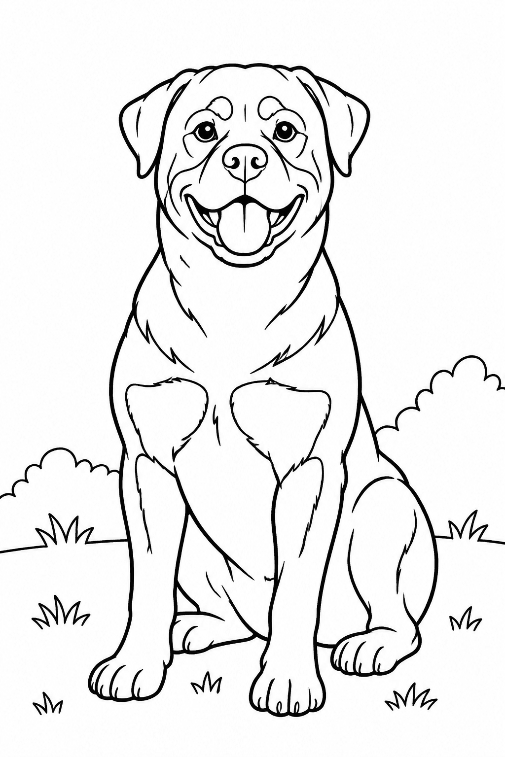 Ein Rottweiler sitzt freundlich mit breiter Brust und klarer kräftiger Kopfform – Rottweiler Ausmalbild