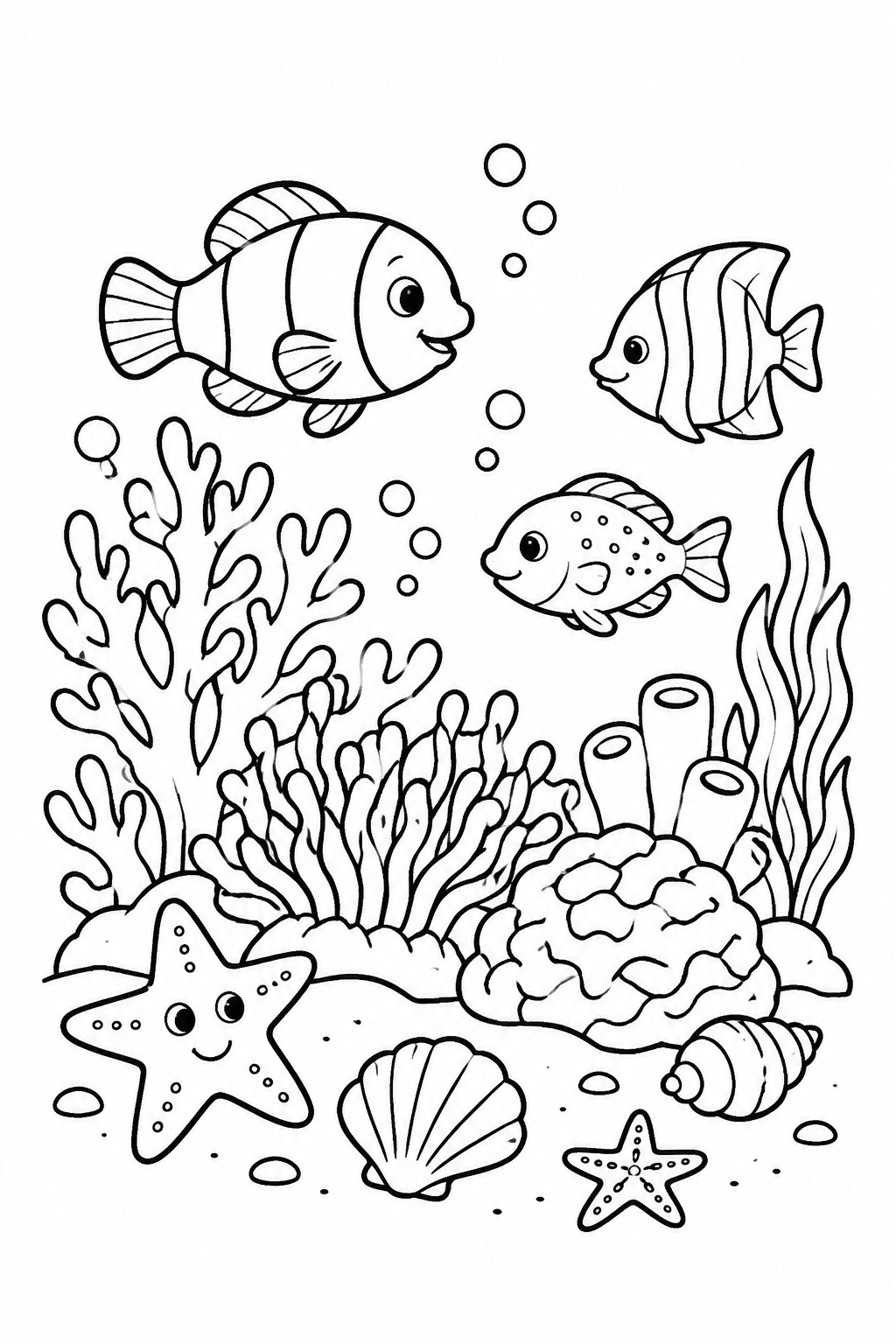 Korallenriff mit Fischen, Seesternen und Muscheln – Unterwasserwelt Ausmalbilder Ausmalbild