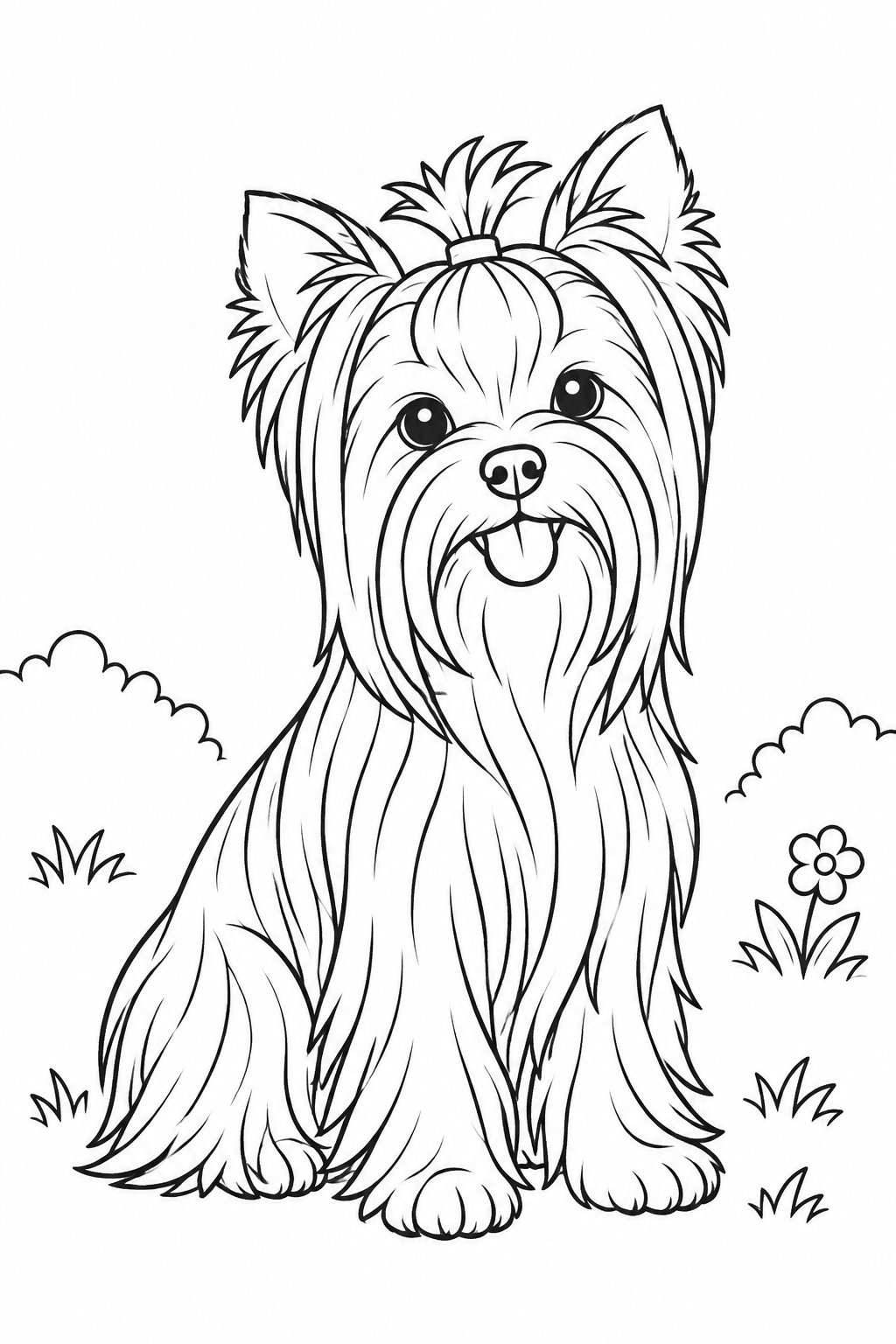 Ein Yorkshire Terrier sitzt mit langen glatten Haarsträhnen neben dem Gesicht – Yorkshire Terrier Ausmalbild