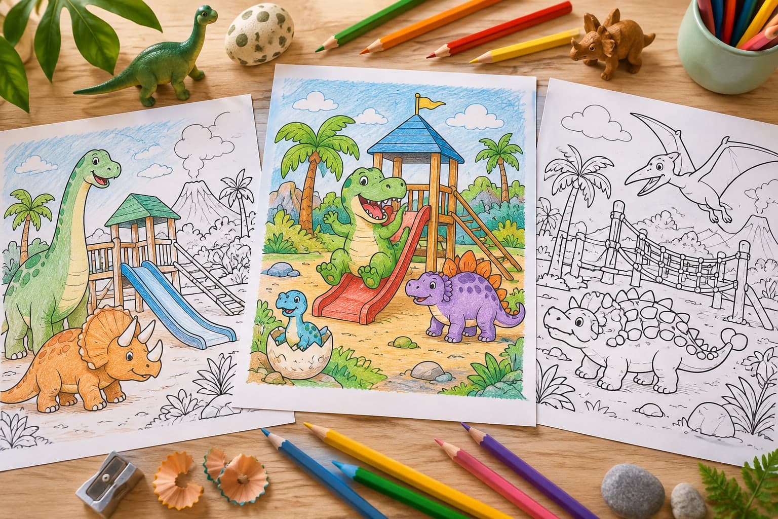 Titelbild: Ausmalbilder Dinosaurier-Spielplatz: Kreative Dinosaurier-Szenen zum Ausmalen