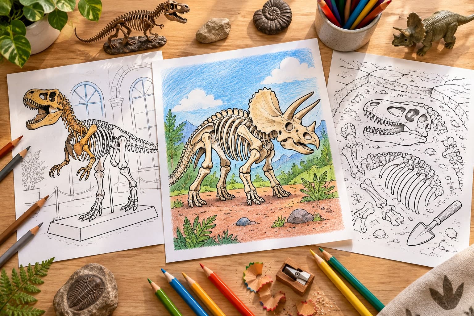 Titelbild: Ausmalbilder mit Dinosaurierskelett Motiven – Dinosaurier zum Ausmalen