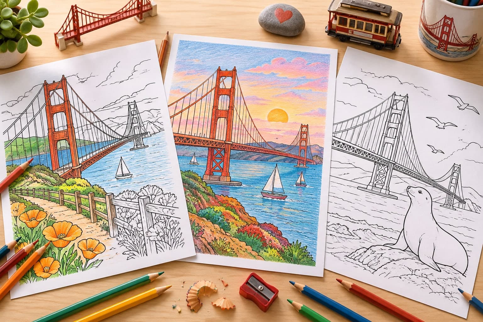 Titelbild: Ausmalbilder mit Golden Gate Motiven: Berühmte Städte kreativ erleben