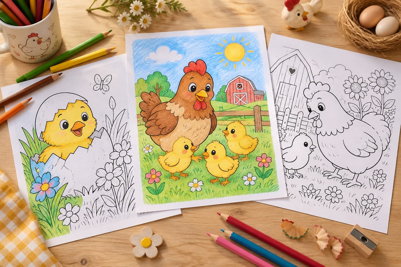 Titelbild: Hübsche Ausmalbilder mit Huhn Motiven für kleine Bauernhoftier-Fans