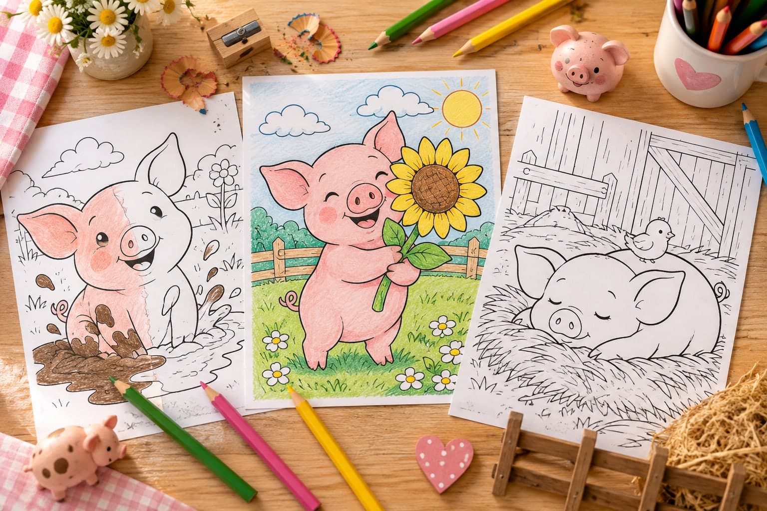 Titelbild: Ausmalbilder mit Schwein Motiven – Süße Bauernhoftiere zum Ausmalen
