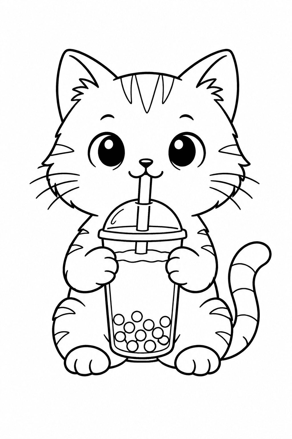 Katze mit Bubble-Tea-Becher als Ausmalbild