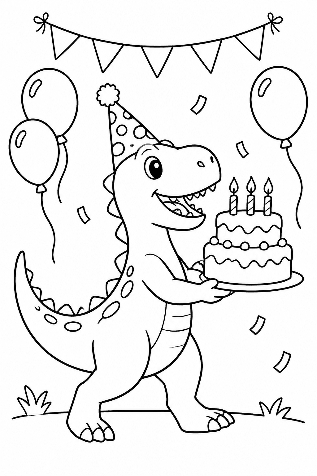 Dino trägt eine Geburtstagstorte als Ausmalbild