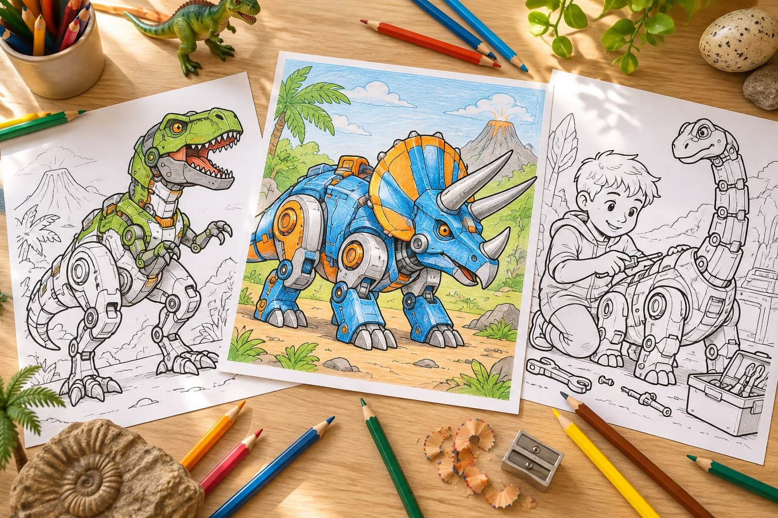 Titelbild: Dino-Roboter: Ausmalbilder mit Schrauben und Zahnrädern