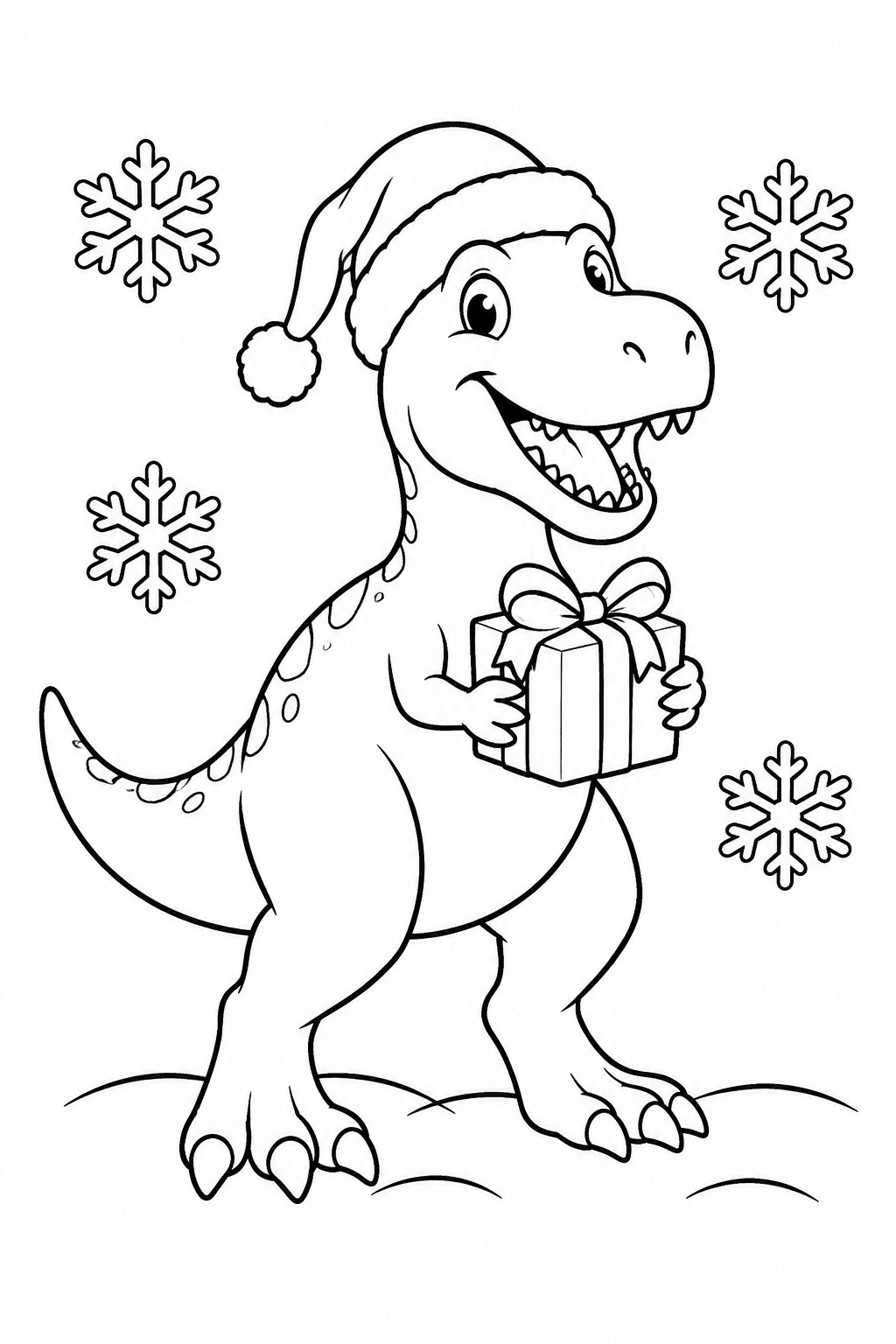 Dino mit Weihnachtsmütze und Geschenk als Ausmalbild