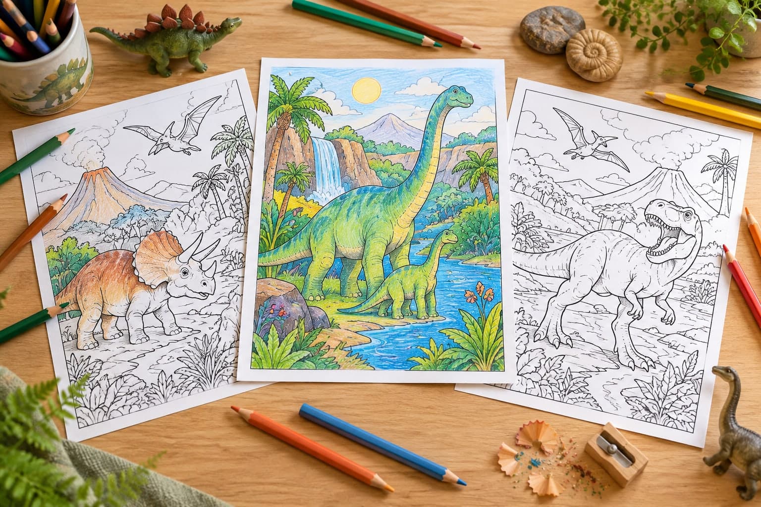 Titelbild: Dinosaurierlandschaften: Kostenlose Ausmalbilder mit Dinosaurier-Motiven
