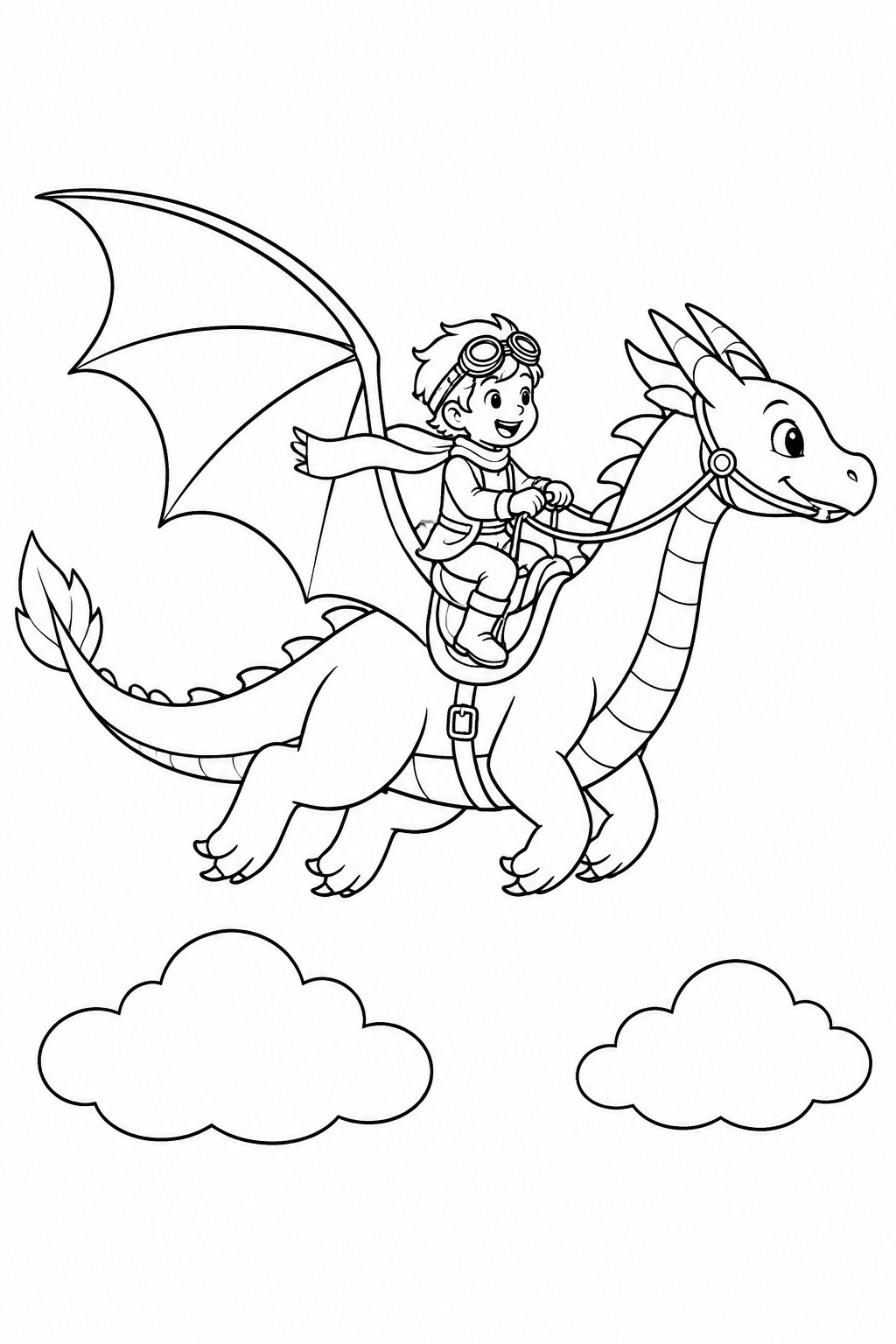 Kind fliegt auf einem Drachen über die Wolken als Ausmalbild