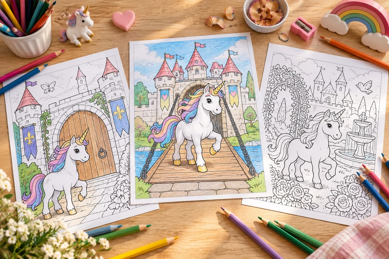 Titelbild: Einhorn mit Schloss: Ausmalbilder aus dem Märchenland
