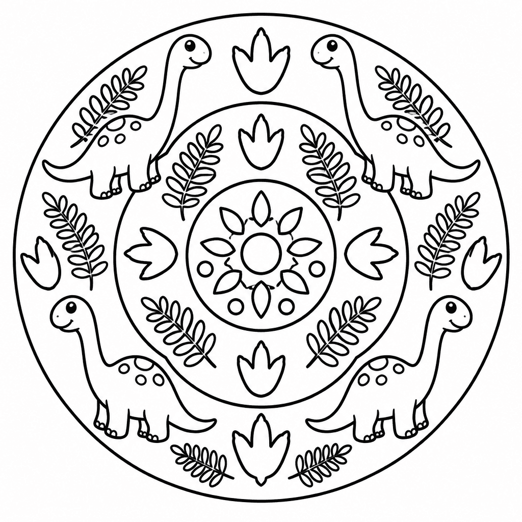 Mandala Dinos zum Ausmalen, einfach, Kreis