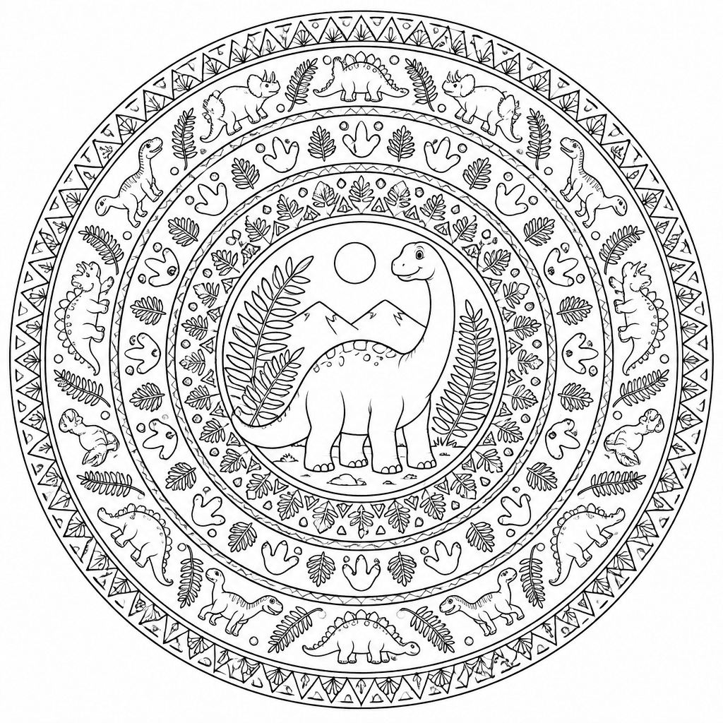 Mandala Dinos zum Ausmalen, fein, Kreis