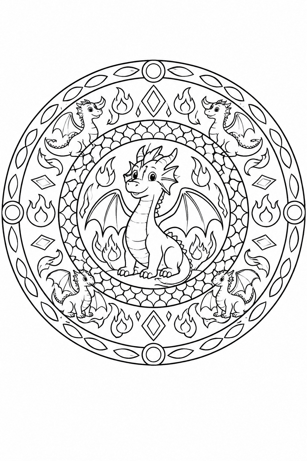 Mandala Drachen zum Ausmalen, mittel, Kreis