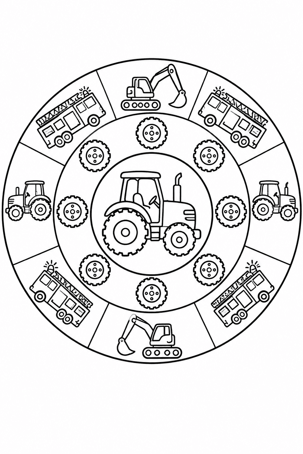 Mandala Fahrzeuge zum Ausmalen, einfach, Kreis