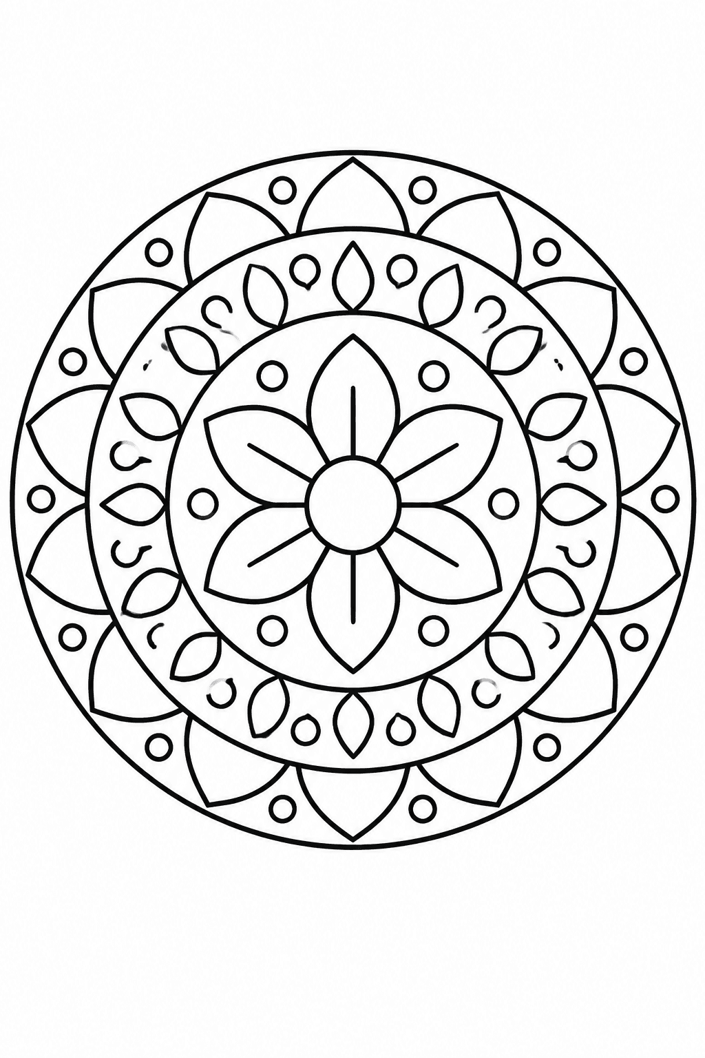 Schwarz-weißes Blumenmandala mit konzentrischen Blütenmustern