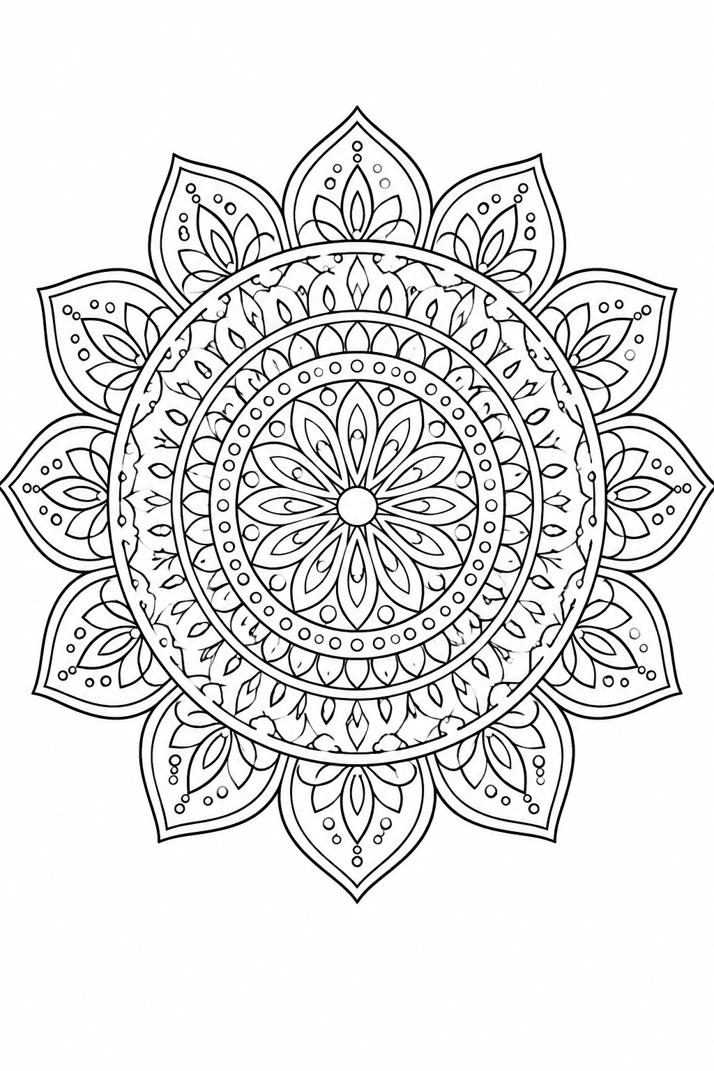 Detailreiches florales Mandala als schwarz-weiße Linienzeichnung